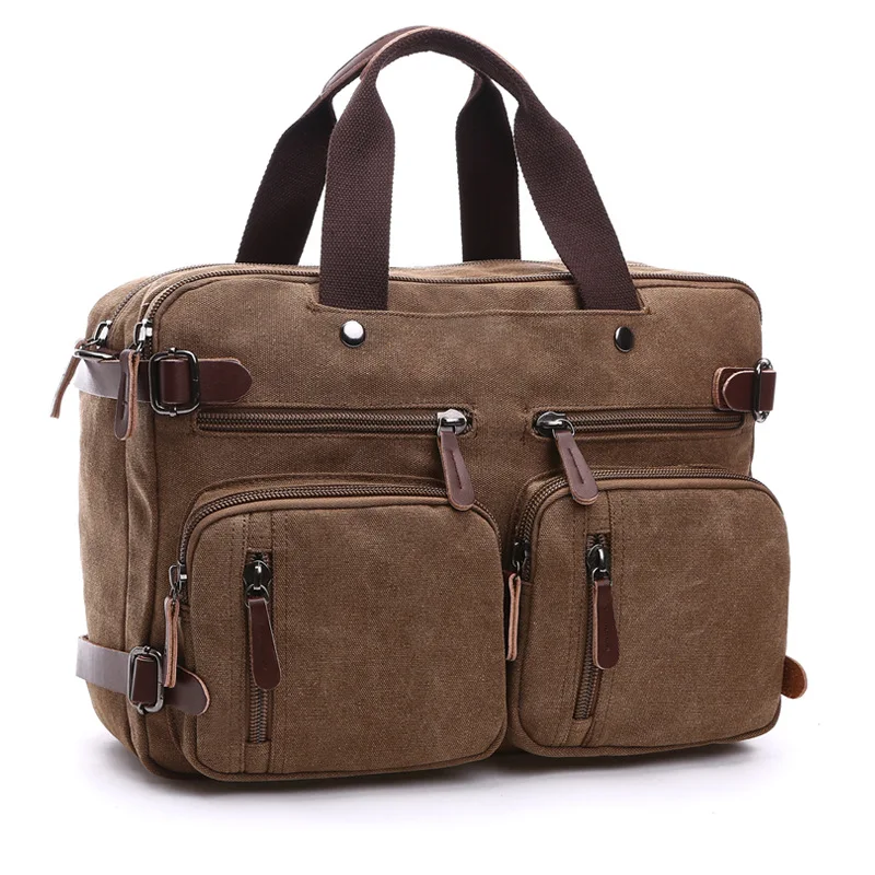 2022 New Men Canvas Bag Leather Briefcase Travel Suitcase Messenger Shoulder Tote Handbag Large Casual Business Laptop Pocket