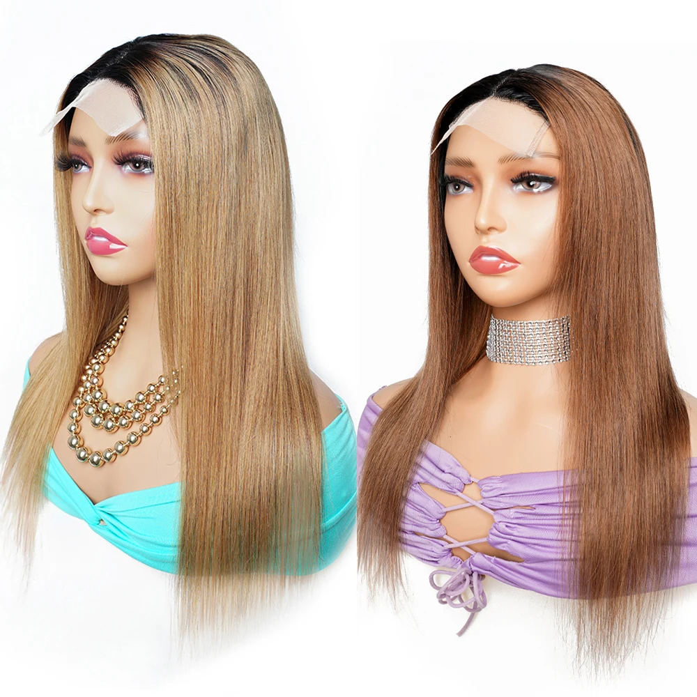 Straight Lace Front Wig Ombre Honey Blonde Transparent Lace Remy Human Hair Wig 1B 30 Brown Auburn 10-18 inch Mogul