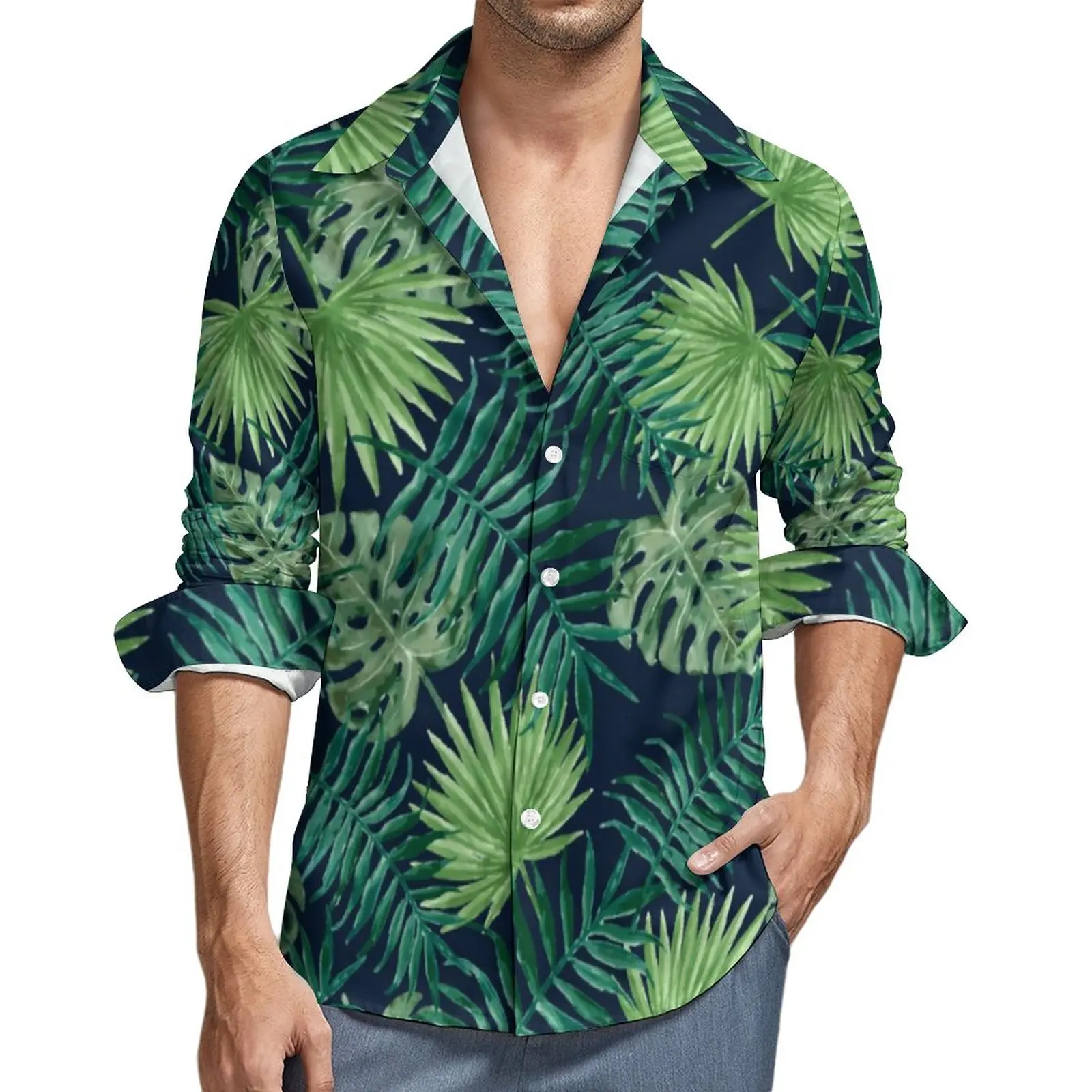 

Tropical Leaf Jungle Shirt Male Palm Leaves Print Casual Shirts Spring Y2K Design Blouses Long Sleeve Vintage Oversized Clothing
