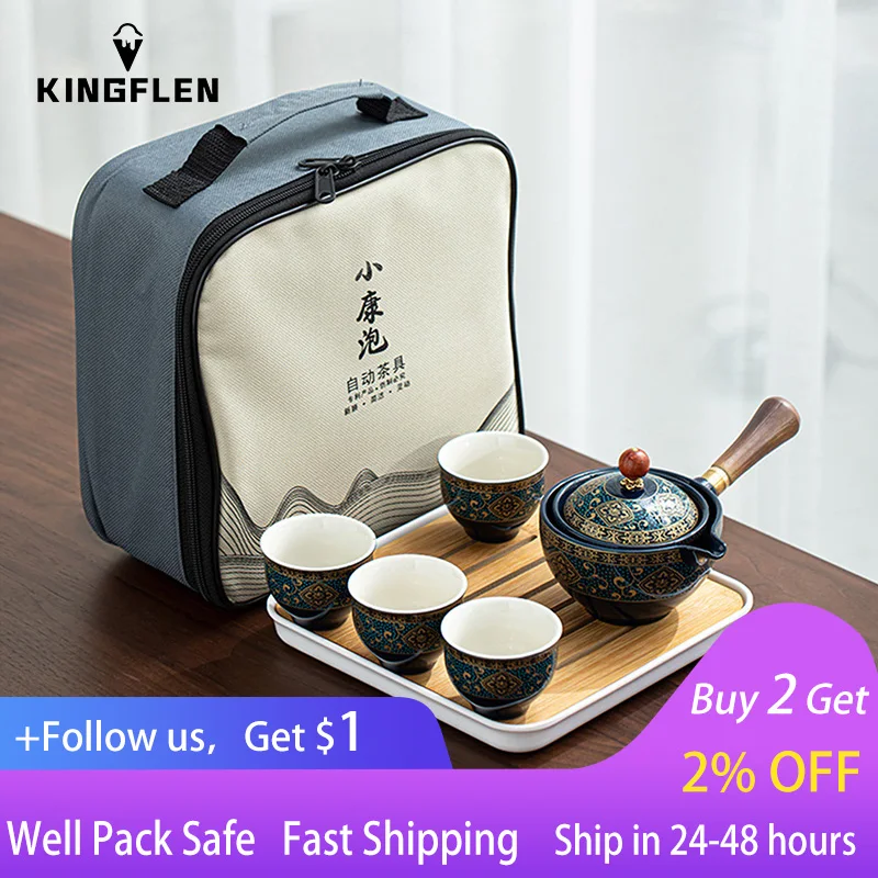

Фарфоровый китайский чайный набор Gongfu, портативный чайный набор с вращением на 360 градусов, чайница и инфузор, портативный Подарочный пакет ...