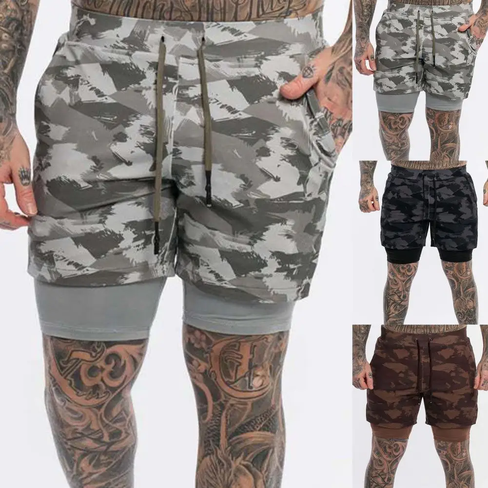

Camo Running Shorts Men Elastic Waistband Drawstring Running Shorts Pockets Camouflage Print Double-deck Workout Streetwear