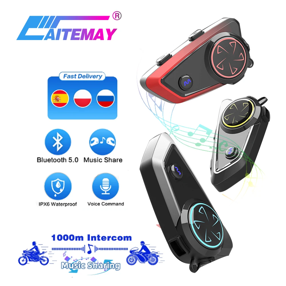 

Motorcycle Bluetooth Intercom Helmet Headset 1000mAh Battery Waterproof 1000m Interphone Music Sharing Riding Communication MP3