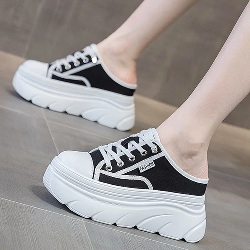 2023 New 9cm Canvas Genuine Leather Women Summer Shoes Wedge Sneakers Platform Slippers Shoes Slip on Sandals Slideds High Heel