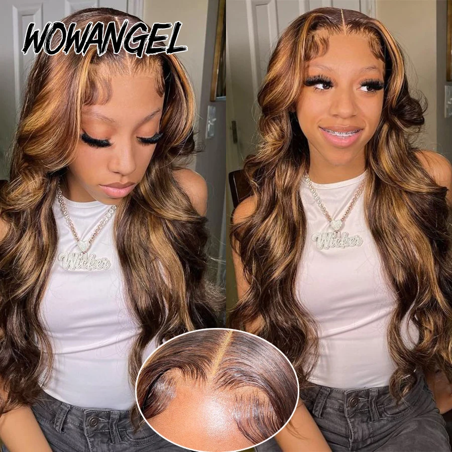 Wow Angel 13x4 HD Lace Full Frontal Wigs Highlight Body Wave 34in 13x6 Front Human Hair Melt Skins Pre Plucked