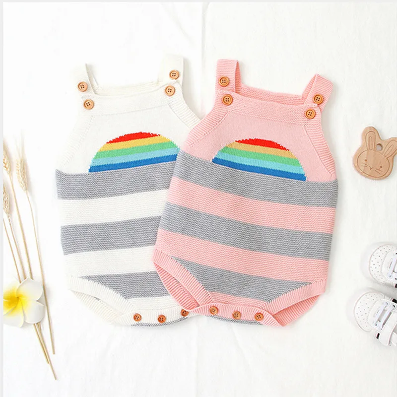 

Cute Rainbow Baby Knitted Romper Newborn Babies Sleeveless Jumpsuits Kids Striped Print Overalls Boys Girls Outfit with Bottons