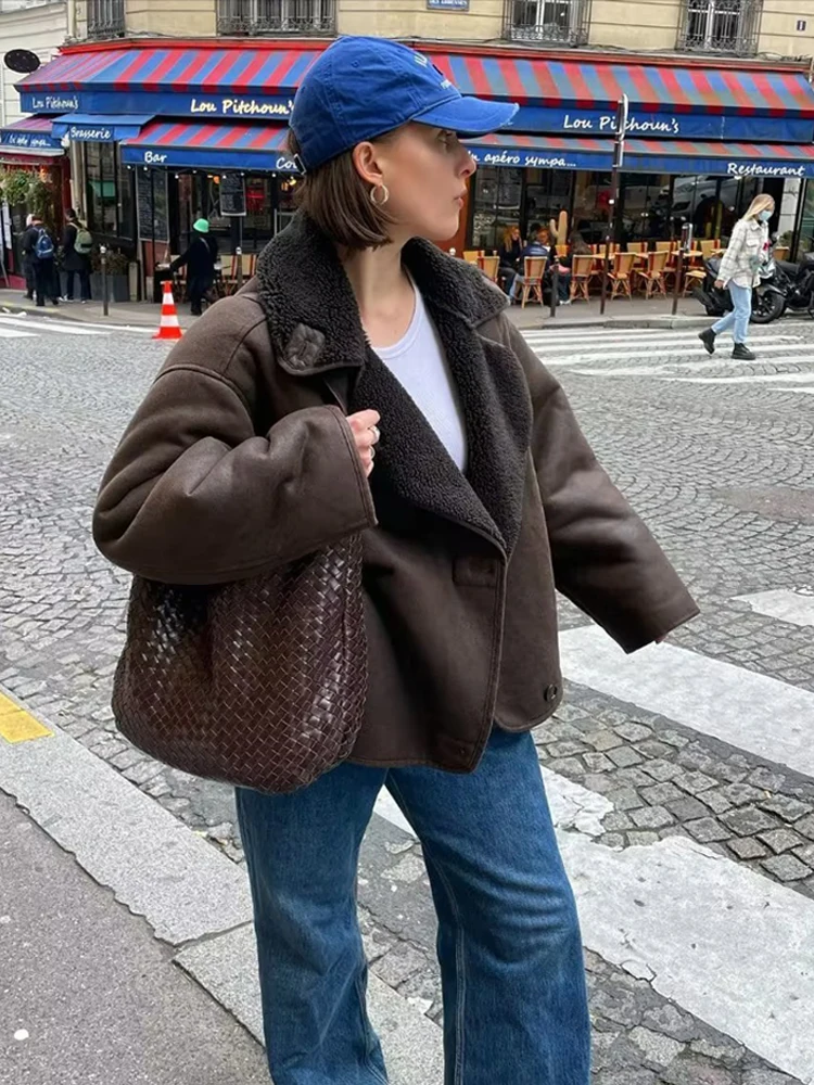 

Женское зимнее пальто из искусственного меха, толстое пальто с отворотами, женская теплая куртка из искусственной кожи с карманами, уличная одежда, куртки, 2023