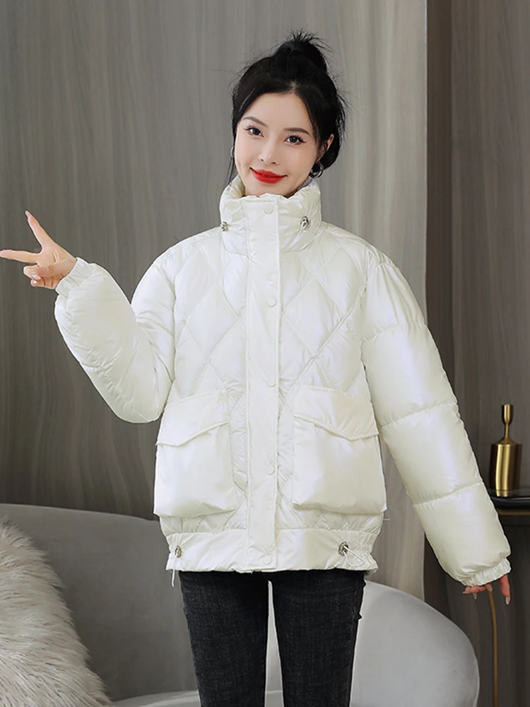 2022 New Hot Women WInter Jacket Bright Shiny Stand Collar Padded Warm Outerwear Coat Parka Solid Green White Black