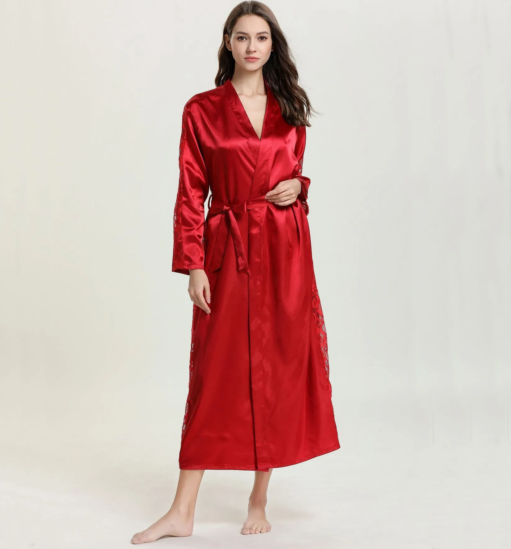 

Burgundy Lace Kimono Bathrobe Bath Gown Intimate Lingerie Women Satin Robe Summer Nightgown V-Neck Long Sleeve Sleepwear