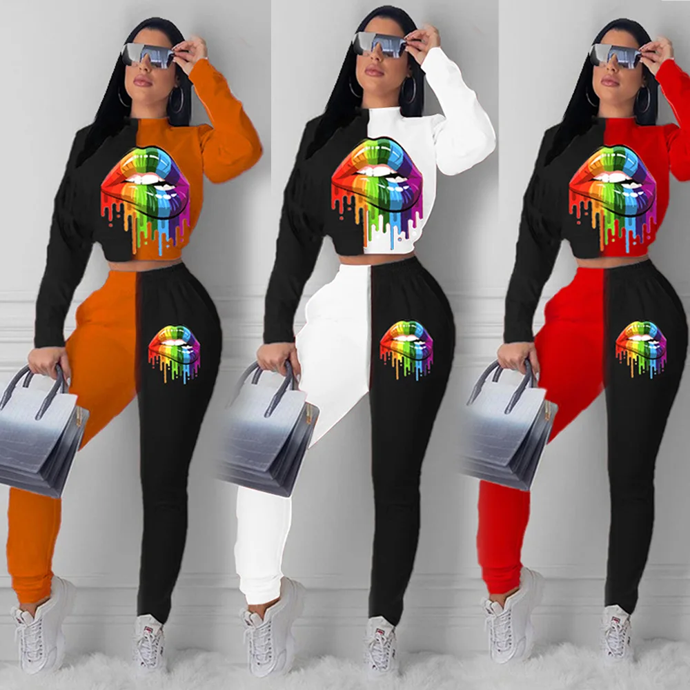 

Lip Print Sports and Leisure Suit for Women Mosaic Color Crop Spring and Autumn Long Two-piece Set Casual Fashion Two-piece Set