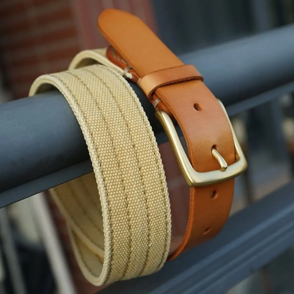 Cowhide splicing canvas belt men's pure copper needle buckle leather casual tooling belt style belt tide