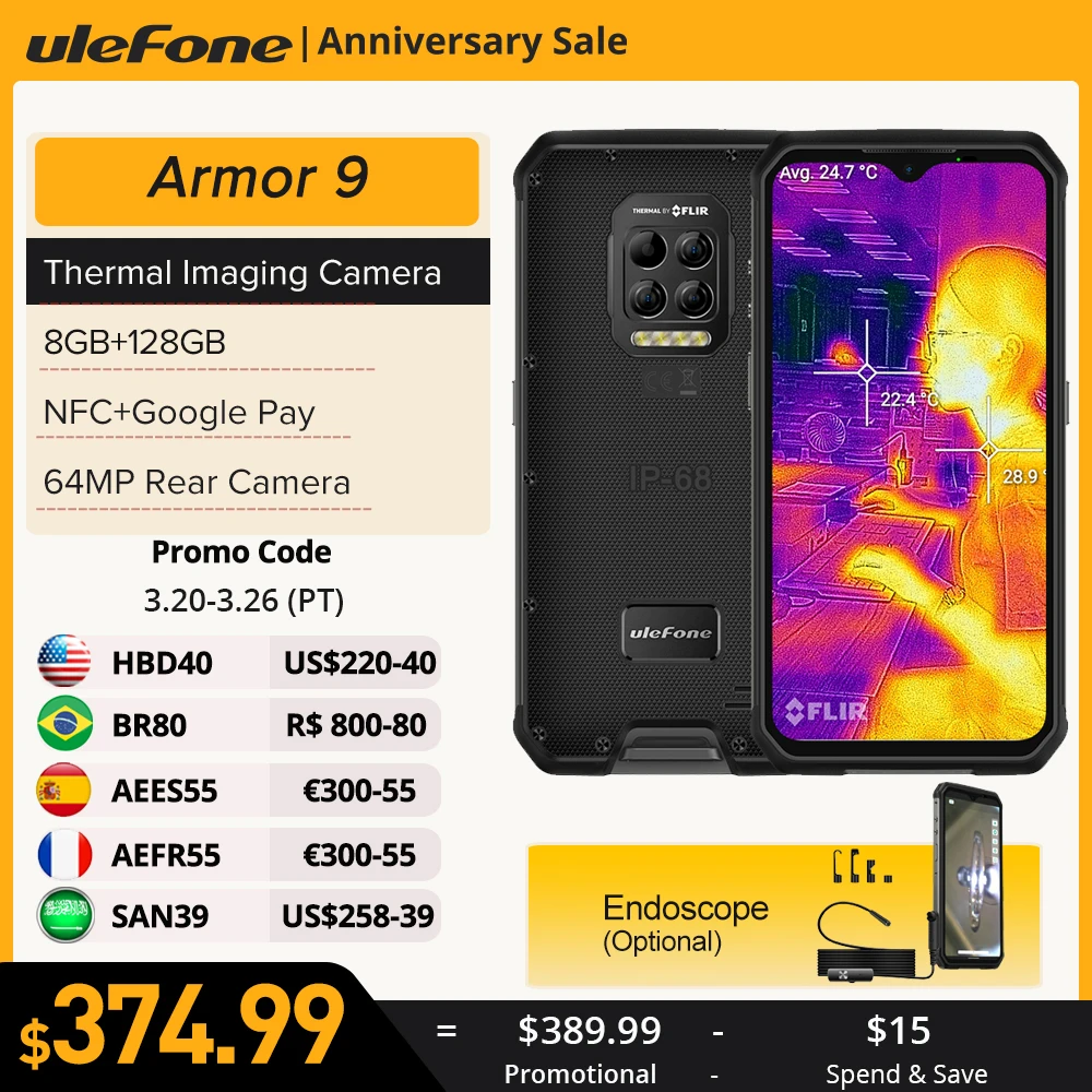Ulefone Armor 9 Rugged Mobile Phone Thermal Imaging Camera FLIR® Android 10 128GB Smartphone Helio P90 Mobile Phone 6600mAh 64MP enlarge
