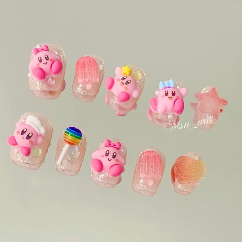 

10pcs Sanrio Kirby Nail Stickers Anime Resin Cute Girl Heart Detachable Short Fake Nail Patch Kawaii Kids Toys Decoration Gifts