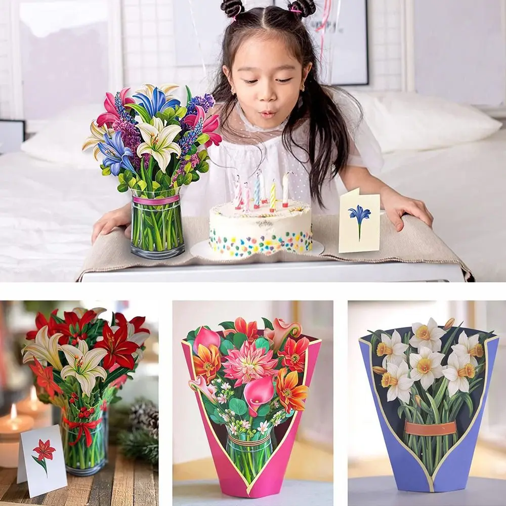 

3D Pops-up Bouquet Forever Rose/Lily/Sunflower/Tulip Paper Flowers Tropical Bloom for Birthday Anniversary Wedding Greeting Card
