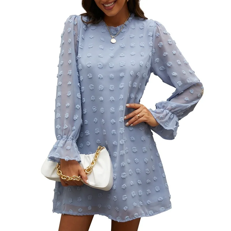 

HONGHANYUAN Puff Sleeve Dress Chiffon Jacquard Long Sleeve Dress 7 Colors