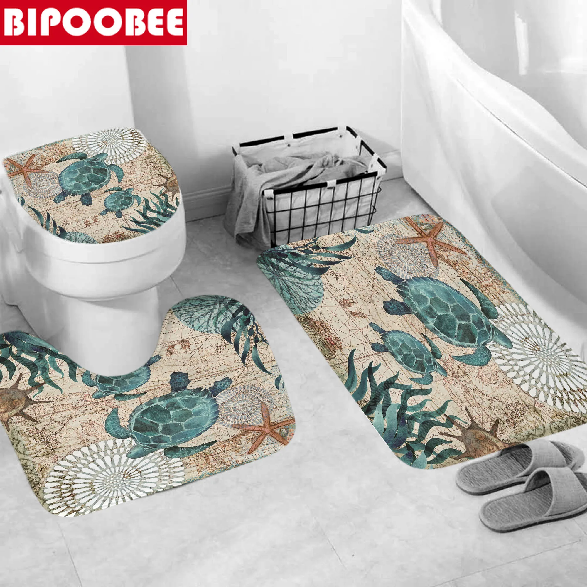 3D Funny Shower Curtains Ocean Sea Turtle Seagrass Starfish Pattern Bathroom Set Pedestal Rugs Bath Mat Toilet Non-slip Carpet | Дом и сад