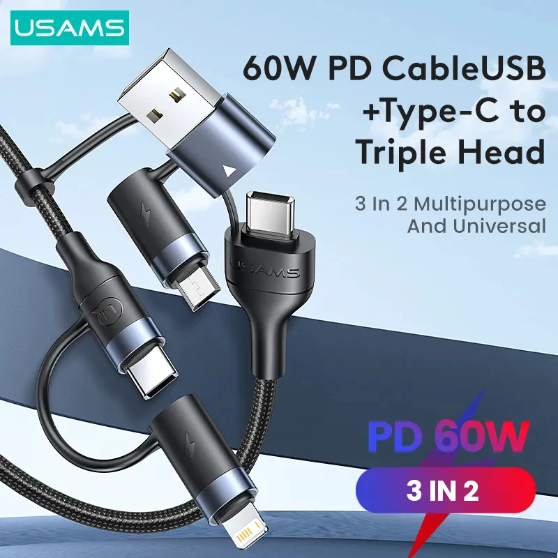 

USAMS U62 PD 60W 3 In 2 Quick Charging Data Cable Type C Lightning Micro USB Cable For iPhone iPad MacBook Huawei Xiaomi Samsung
