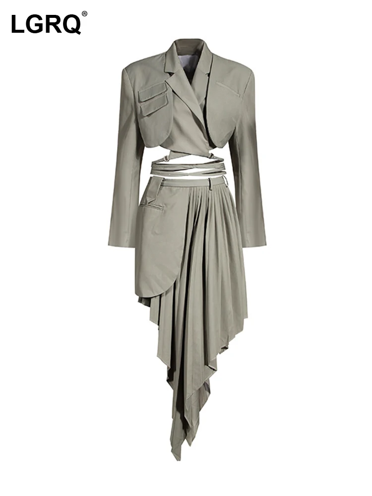 

LGRQ High Quality Asymmetric Hem Niche Design Pleated Women's Tops Skirt Two Piece Sets Coat Autumn 2023 New Street Wear 19F1677