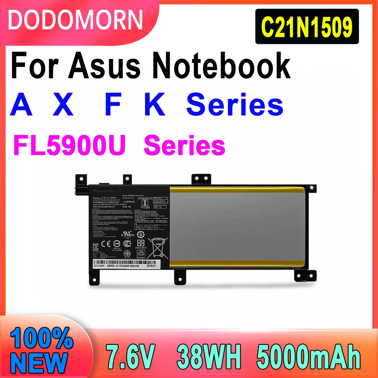 

DODOMORN Laptop Battery C21N1509 For ASUS Vivobook X556UA X556UB X556UF X556UJ X556UQ X556UQK X556UR X556UV F556U F556UA F556U