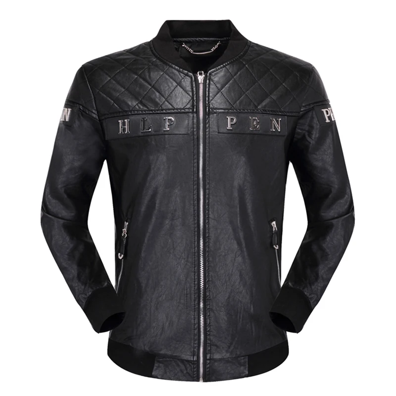 

Europe station PP Leather Men's Faux Leather PU Metal Letter Embroidered Leather Plein Jacket Fashion Locomotive Coat casual