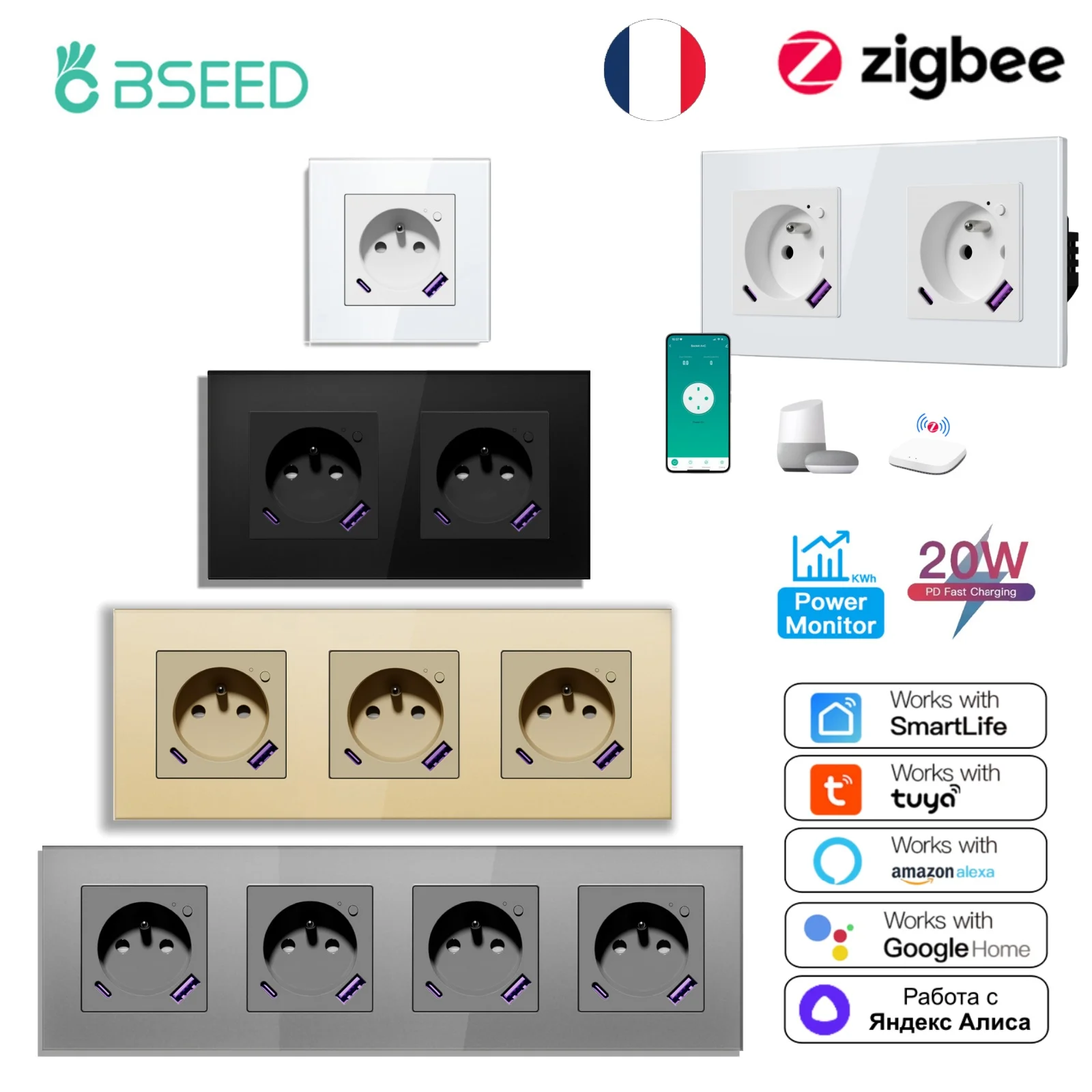 Фото Умные розетки BSEED Zigbee FR с мониторингом энергопотребления, 16А, настенные, с быстрой зарядкой USB Type-C, для Tuya, Google, Alexa, Alice №1