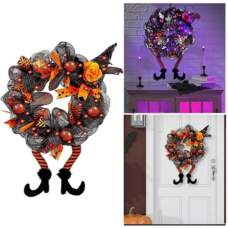

Halloween Wreath for Front Door, Glowing Witch Leg Artificial Wreath, Festival Creepy Garland Horror Decoration for Home