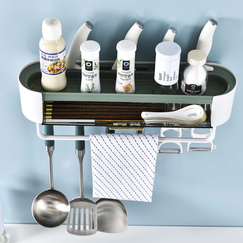 Фото Bathroom Organizer Rack Knife Seasoning Shelf With Drain Holes For Kitchen Holder Bathroom Storage Rack With Towel Rod And Hooks №4