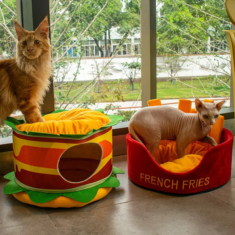 

Hamburger Cat House Cave Food Shape Deep Sleep Kitten Dog Bed French Fries Teddy Corgi Kennel Litter Four Seasons Hammock