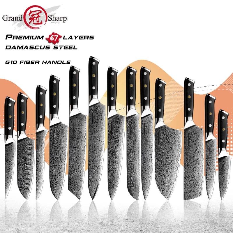 

Grandsharp Damascus Knife Set 67 Layers vg10 Japanese Damascus Steel Chef Cleaver Boning Kiritsuke Santoku Kitchen Knives