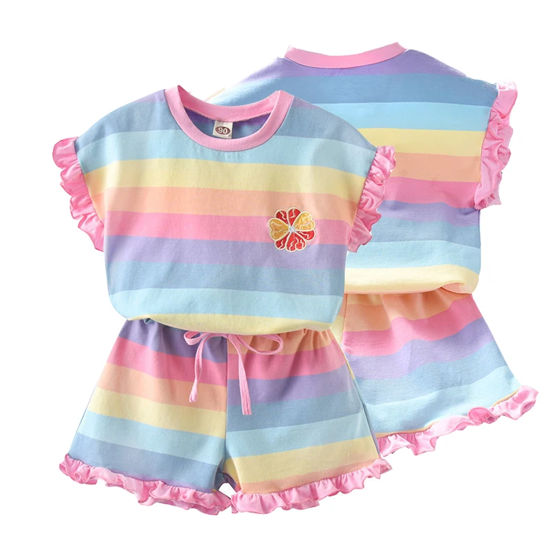 

1-8 Years Baby Clothes for Girls Sets Summer Ruffles Shorts Sleeve T-shirt Top Shorts for Kids Outfit Casual Children Tracksuit