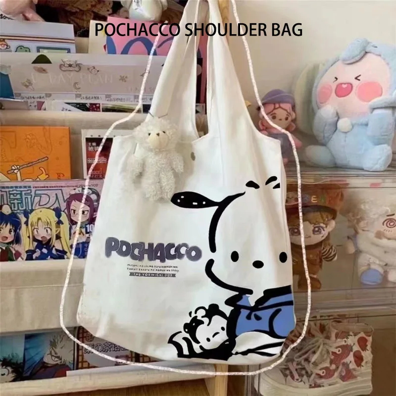 

Kawaii Sanrio Pochacco Anime Printing Canvas Shoulder Bags Schoolbag Large Capacity Washable Do Not Fade Daily Necessities