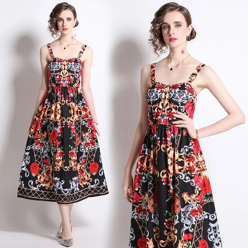 

Women's Summer New Style High-end Temperament Retro Positioning Printing Waist Thin Medium and Long Suspender Dress with Bra