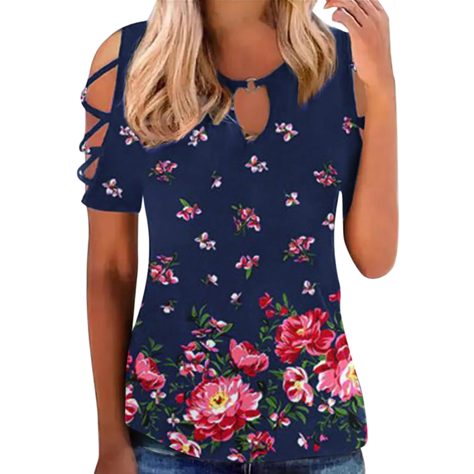 

New T-shirt Women Hollow Out Short Sleeve Tops Crewneck Cold Shoulder Tshirts Casual Sexy Summer Shirts Loose Comfortable Tees