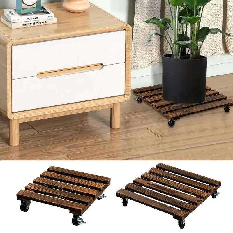 

Wooden Plant Stand With Wheels Square Flower Pot Mover Trolley For Indoor Rolling Planter Plant Dolly Tray Gardening Accessory