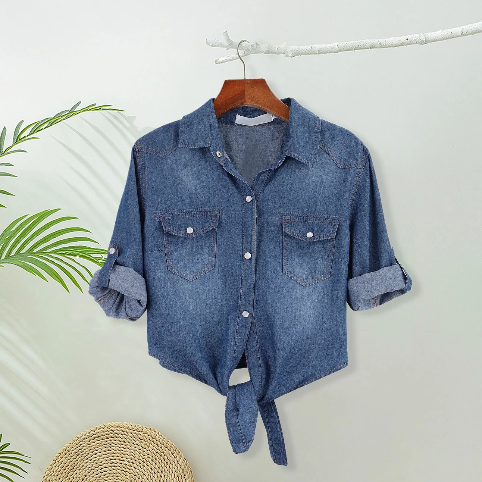 Джинсовая рубашка Женские топы с коротким рукавом женские укороченные