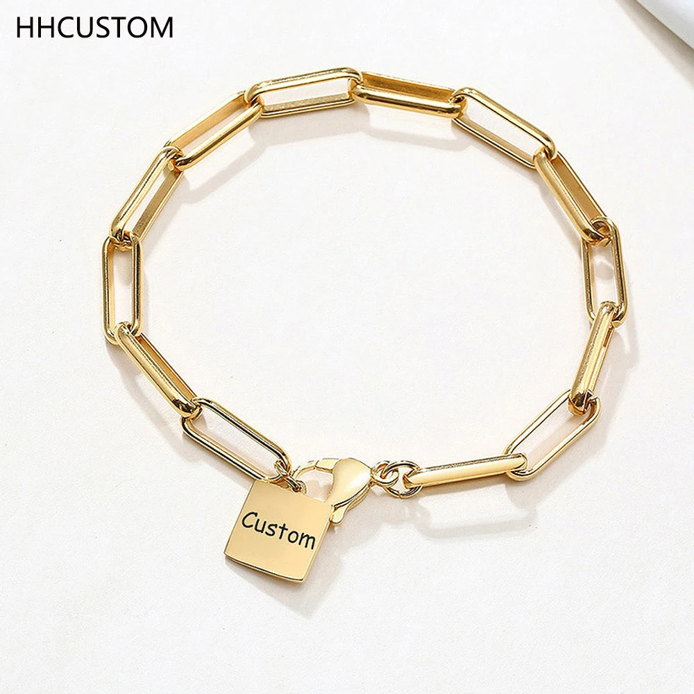 

HHCUSTOM Custom Name Bracelet Square Pendant Personality Nameplate Stainless Steel Rectangle Chain Women Jewelry Birthday Gift
