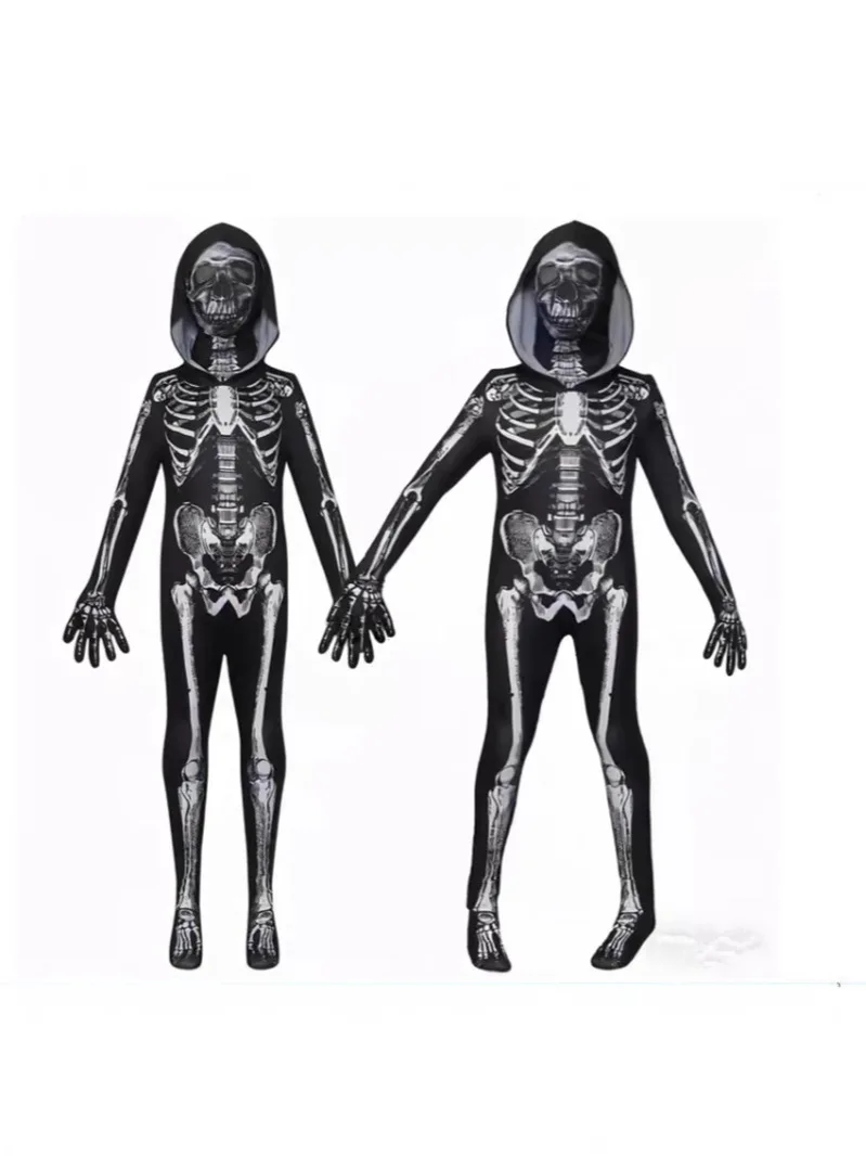 Фото Страшный детский костюм на Хэллоуин с капюшоном, костюм скелета Смерти, жуткий костюм для мальчиков, костюм для вечеринки Марди Гра №3
