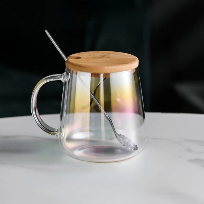 

Electroplated Glass Cup Colorful Shiny Glass Mugs Simple Style StarBuck Coffee Cup with Wooden Cover and Spoon