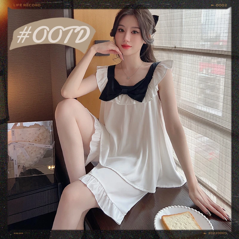 Silk Pajamas for Women Summer Thin Sexy Cool Sleeveless Ruffled Sling Home Service Suit Solid Color Sweet Simple Bow Sleepwear