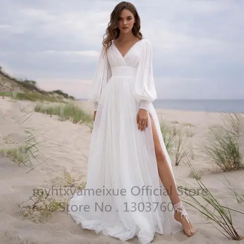 Sexy Wedding Dresses 2022 White Puff Sleeve Bride Dress High Split A-Line Backless Princess Evening Gowns Plus Size Plus Size