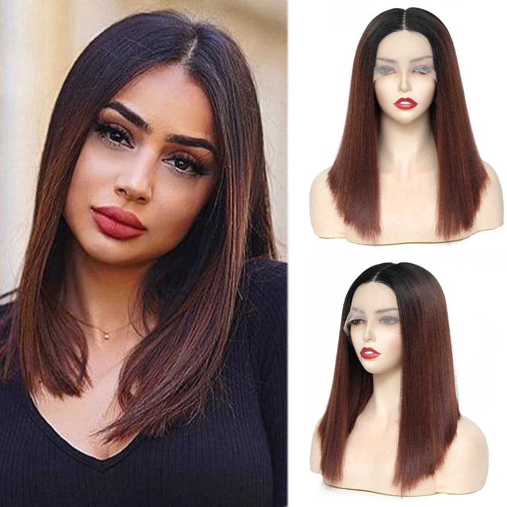 

Ombre Orange Colored Synthetic Lace Front Wigs For Black Women X-TRESS Yaki Straight Blunt Bob Hair Lace Wig Daily Middle Part
