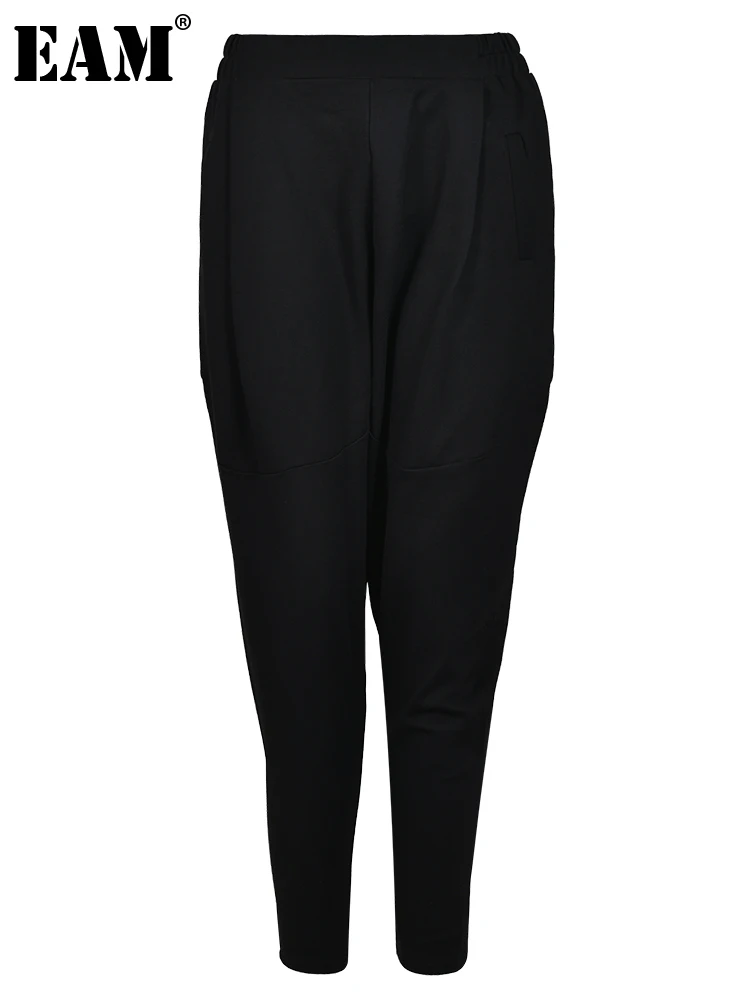 

[EAM] Черные Длинные шаровары для отдыха с высокой эластичной талией, новые свободные брюки для женщин, модные весенне-осенние 2023 1N47901