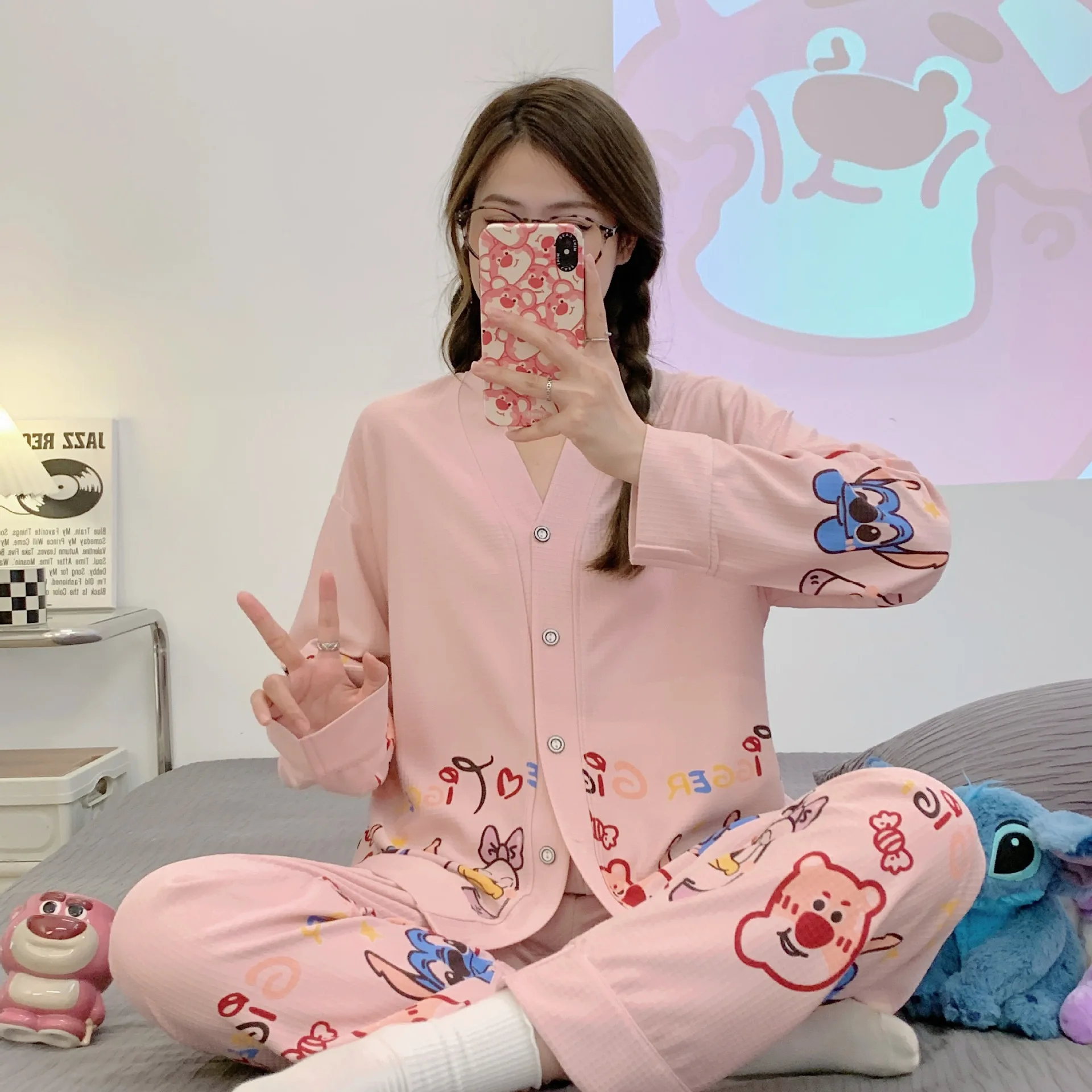 Long Sleeve Pajama Set for Women Girls Knitted Cotton Female Sleepwear 2 Piece Cartoon Home Clothes Walf Checks Nightgown Spring