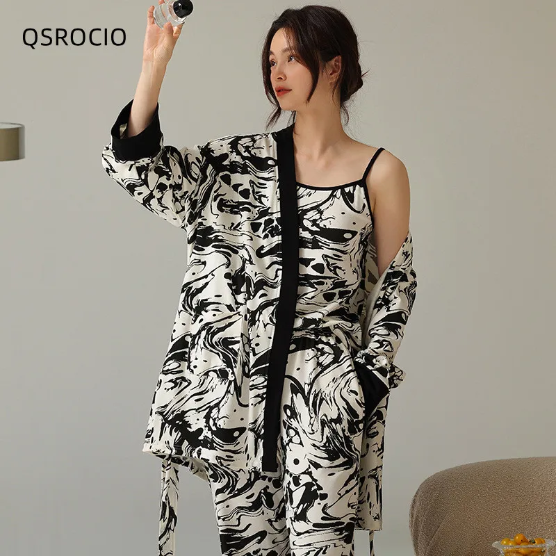 

QSROCIO High Quality Women's Pajamas 3-Piece Set Luxury Abstract Print 100% Cotton Sleepwear Leisure Homewear Nightwear Femme