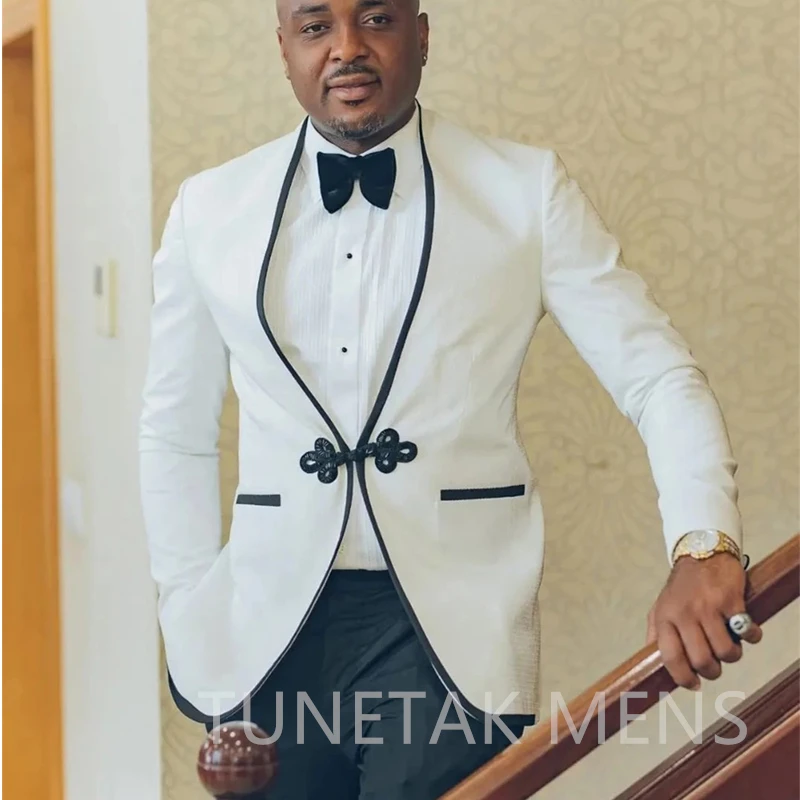 

White Formal Wedding Tuxedo for Groom with No Collar Slim Fit Men Suits 2 Piece Custom Male Fashion Jacket Pants 2022