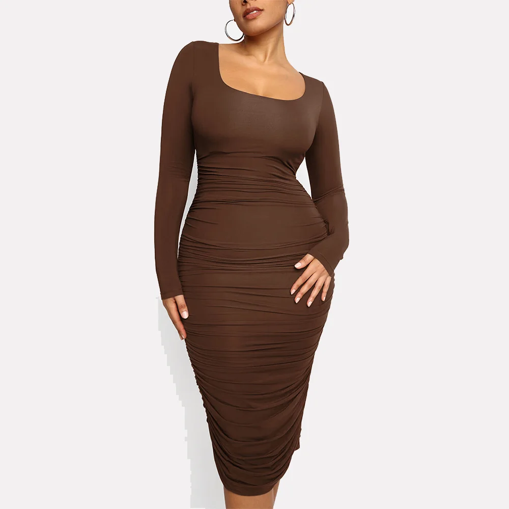 Long Sleeve Ruched Bodycon Dress Women Turtleneck Sexy Dresses Autumn Black Skinny Stretchy Party Vestidos