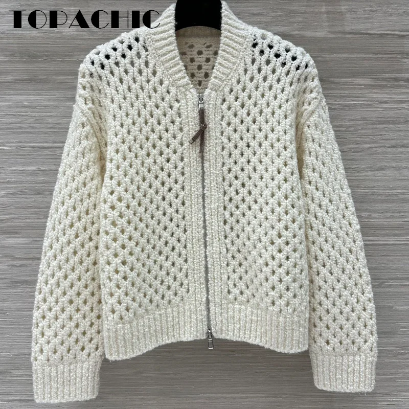 9 TOPACHIC-Женский вязаный крючком жаккардовый кардиган на молнии с цепочкой из