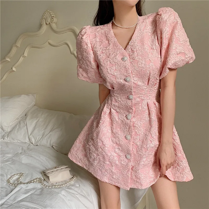Chic Women Floral Dress Short Sleeve Single-breasted Korean Fashion Summer 2022 New A-Line Elegant Pink Dresses Vestidos Robe