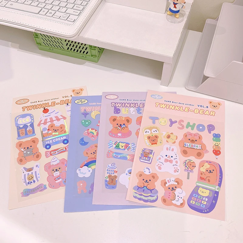 

Cute Kawaii Cartoon Bear Sticker 3d with Flashing Reflective Waterproof Sticker for Laptop Korean Computer Stickers Stationary
