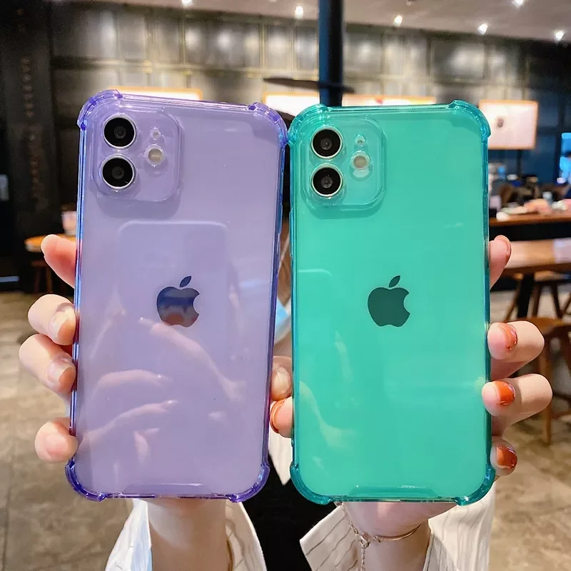 

New Fashion For iPhone 13 11 12 Pro Max Mini XS X XR Max 7 8 Plus SE 2 Shockproof Bumper Back CoverTransparent Candy Color Phone
