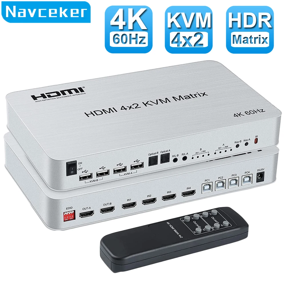 Navceker 4K 60Hz Matrix HDMI KVM Switch 4x2 4 In 2 Out KVM Switcher Dual Monitor 4 Port KVM Switch Matrix Switcher HDMI USB PC